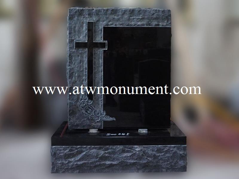 USM024-Black Granite Rock border with relief cross and sandblasted floral die headstone tombstone