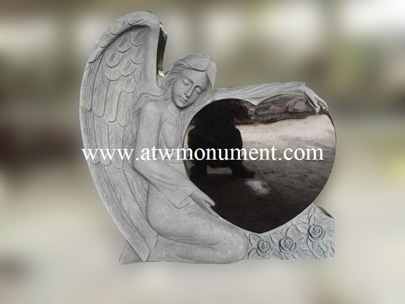 USM016- Shanxi Black Granite Hand Carved Kneeling Angle Heart Headstone