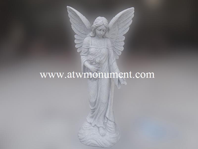 G633 Light Grey Granite Angel Holding Roses Statue